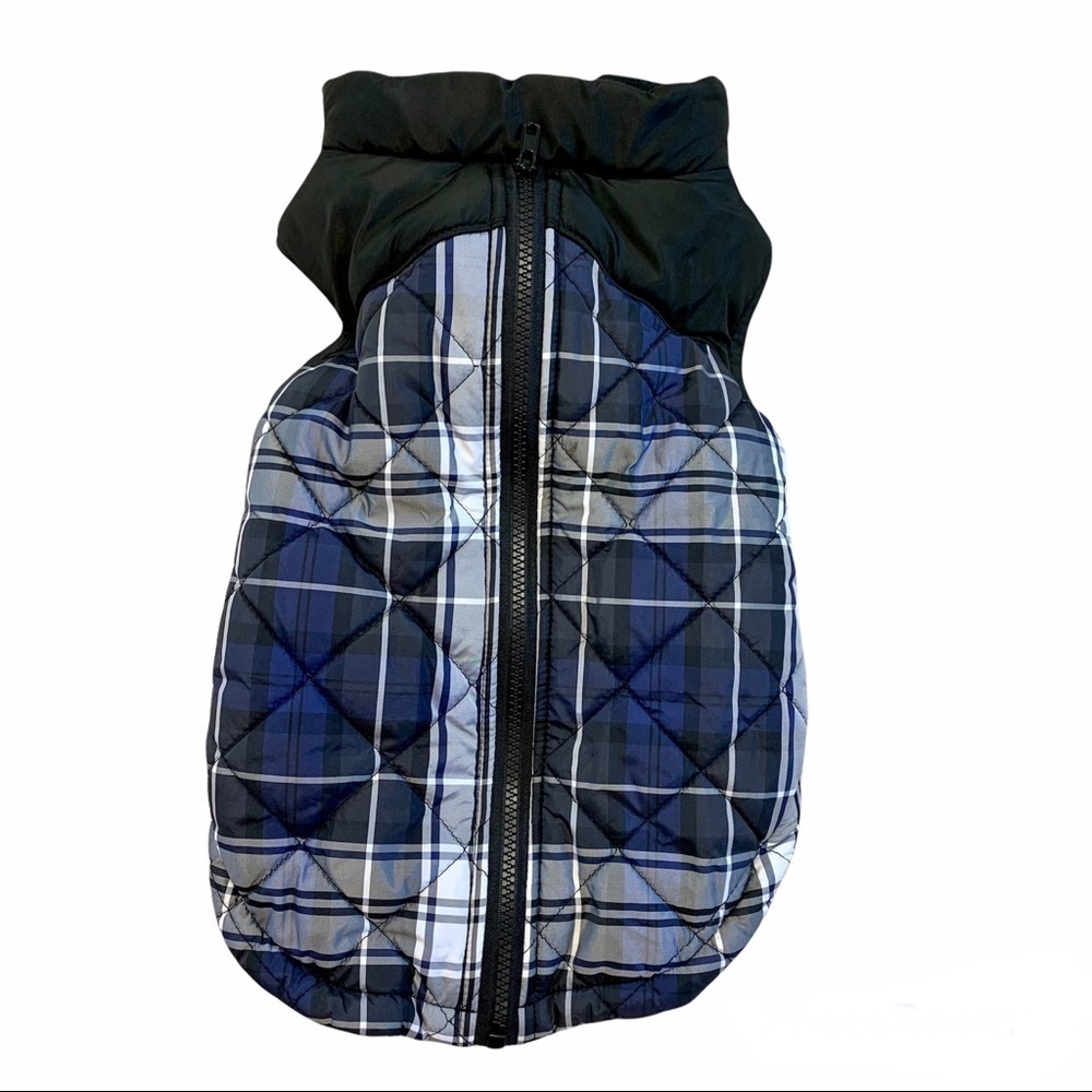 Small breed dog navy blue black white plaid checkered puffer vest jacket coat M